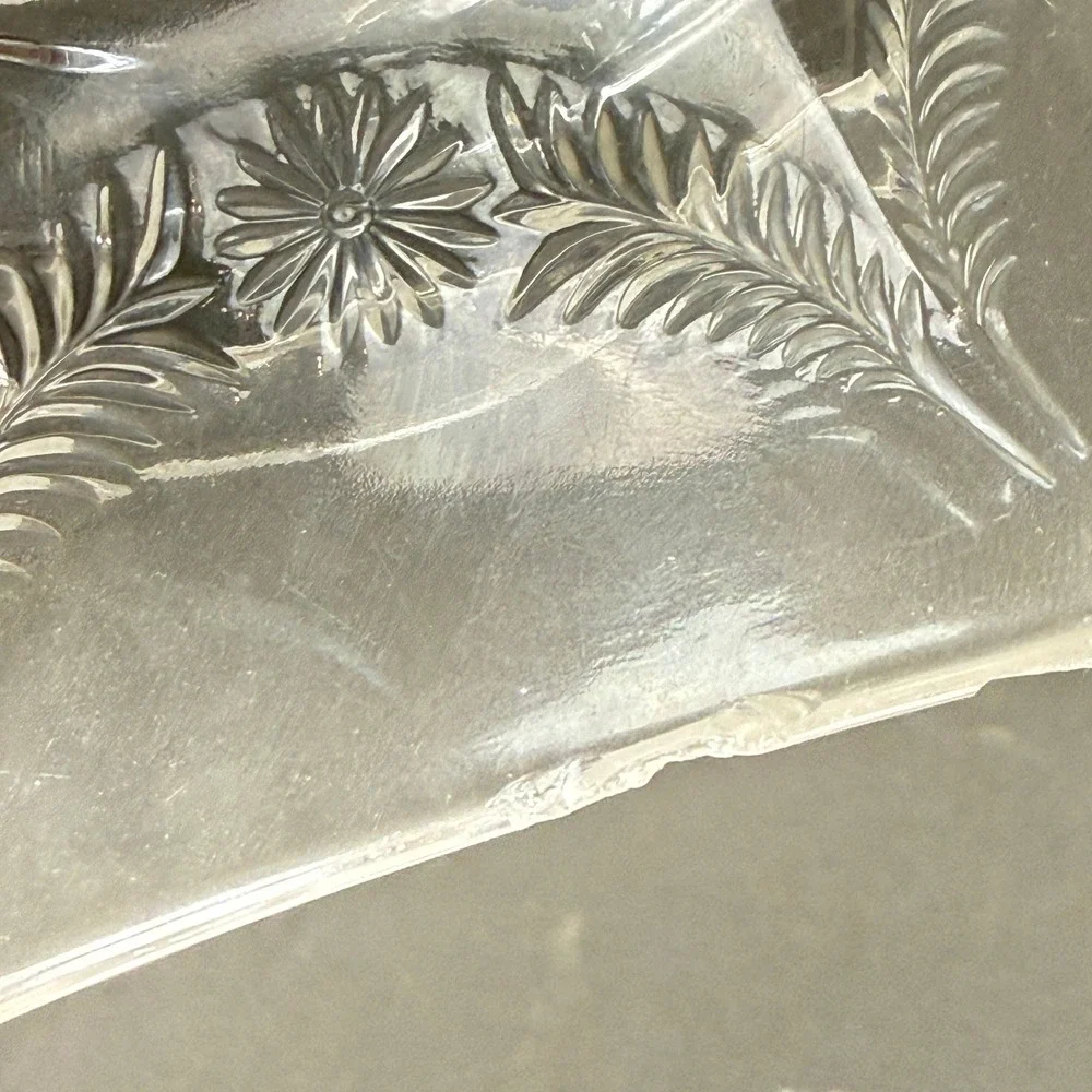 Pressed Glass Floral Etched Butter Dish with Lid, Hexagonal Base Clear Vintage